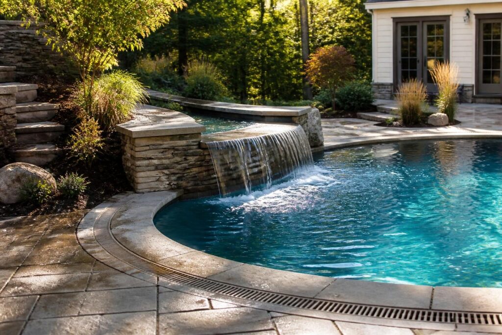 Pool water feature splash out planning North Carolina with a residential waterfall and managed deck drainage