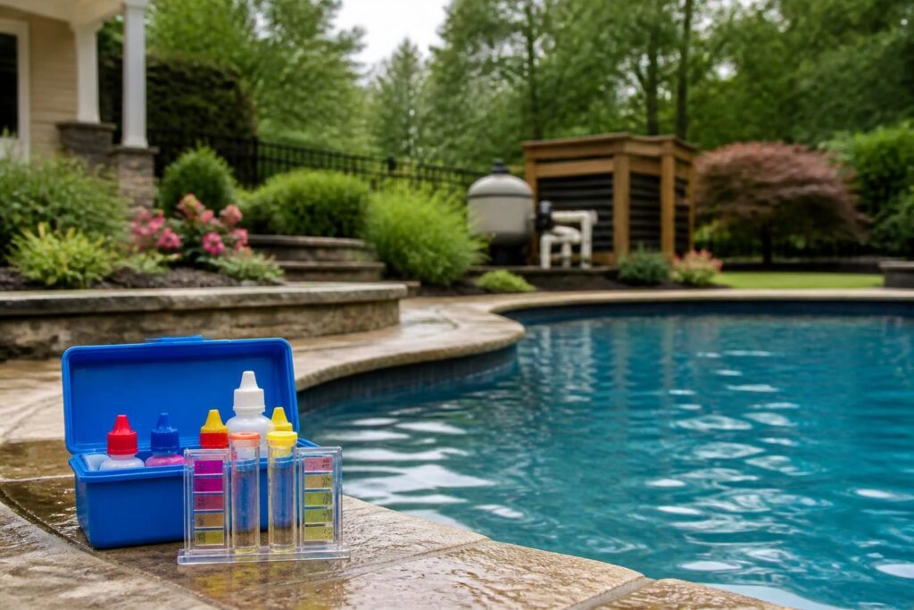 Pool water testing frequency North Carolina routine with a test kit beside a residential pool