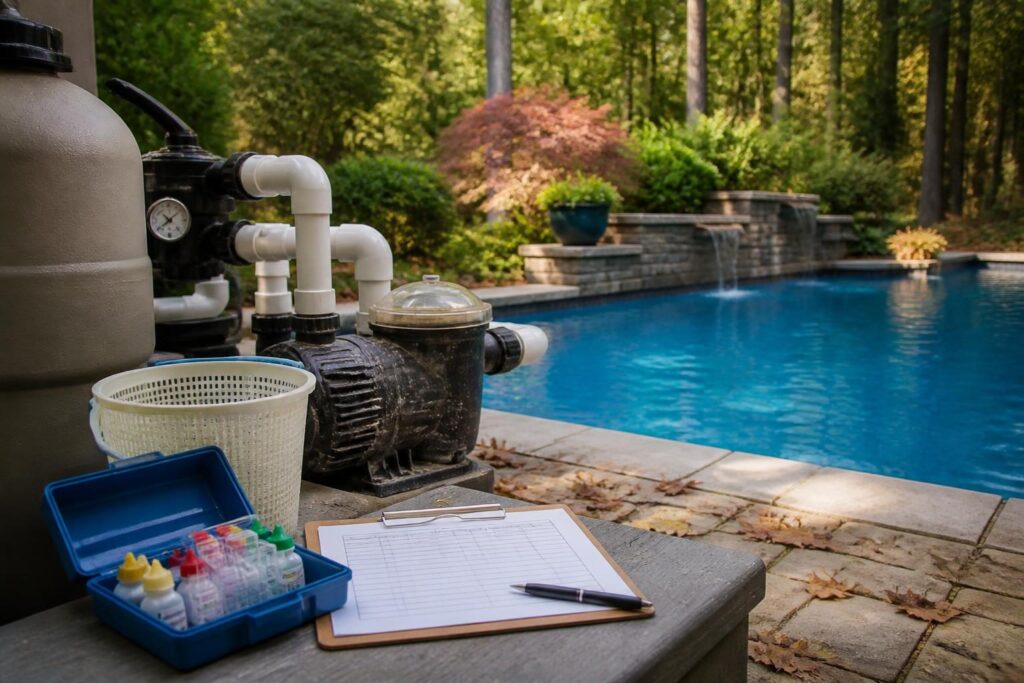 Pool water testing log interpretation equipment checks beside a North Carolina residential pool equipment area