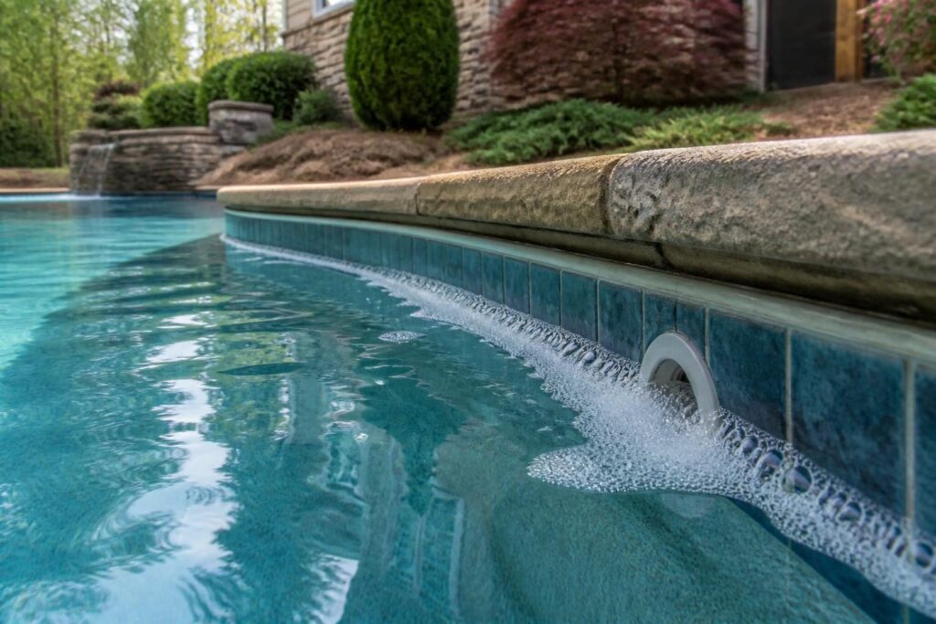 Pool waterline foam bubbles observation guide showing subtle foam near a residential pool return