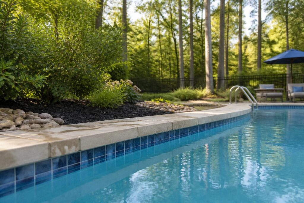 Pool waterline tile cleaning North Carolina in a landscaped residential backyard