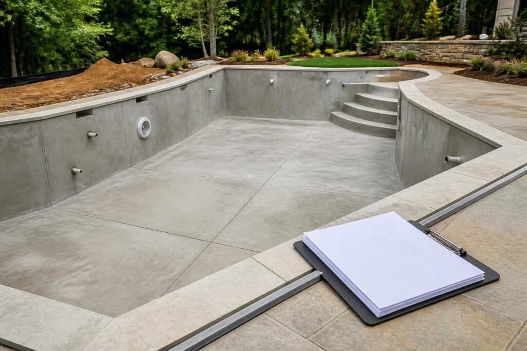 Pool waterproofing joint detail review questions shown at a residential pool shell before finishes