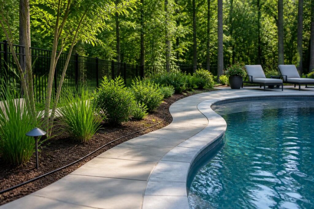 Poolside planting bed edge design with clean soil control and maintenance access beside a North Carolina residential pool