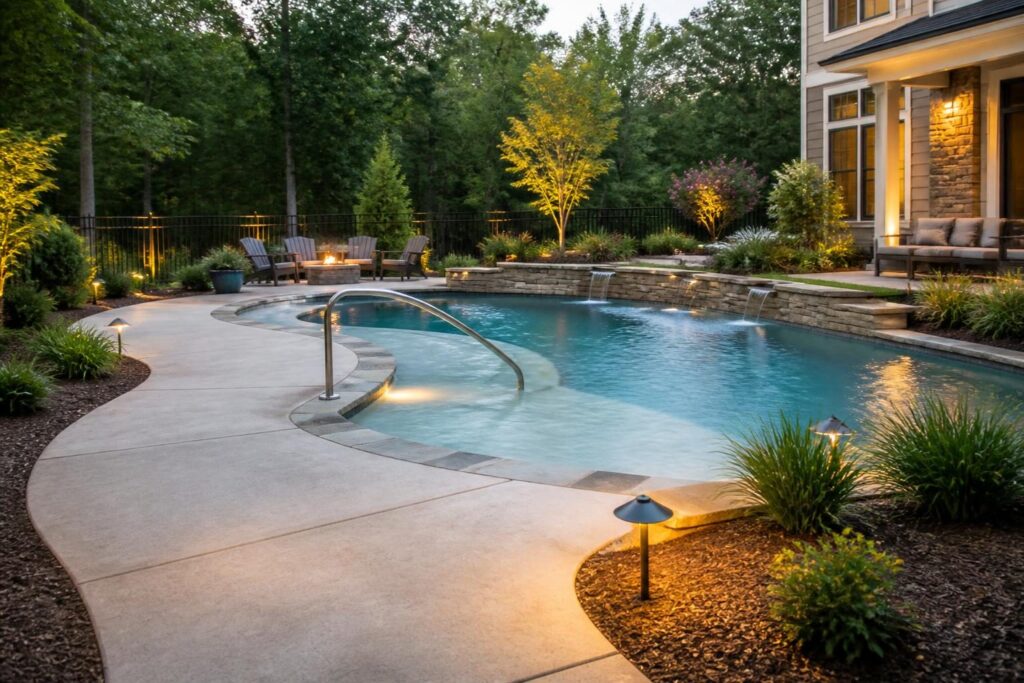 Residential pool accessibility planning questions shown in a North Carolina backyard with a clear path, gradual entry, handrail, and lit deck