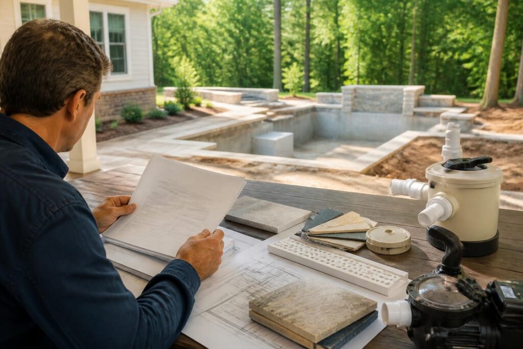 Homeowner reviewing a residential pool construction contract scope checklist beside pool plans and material samples