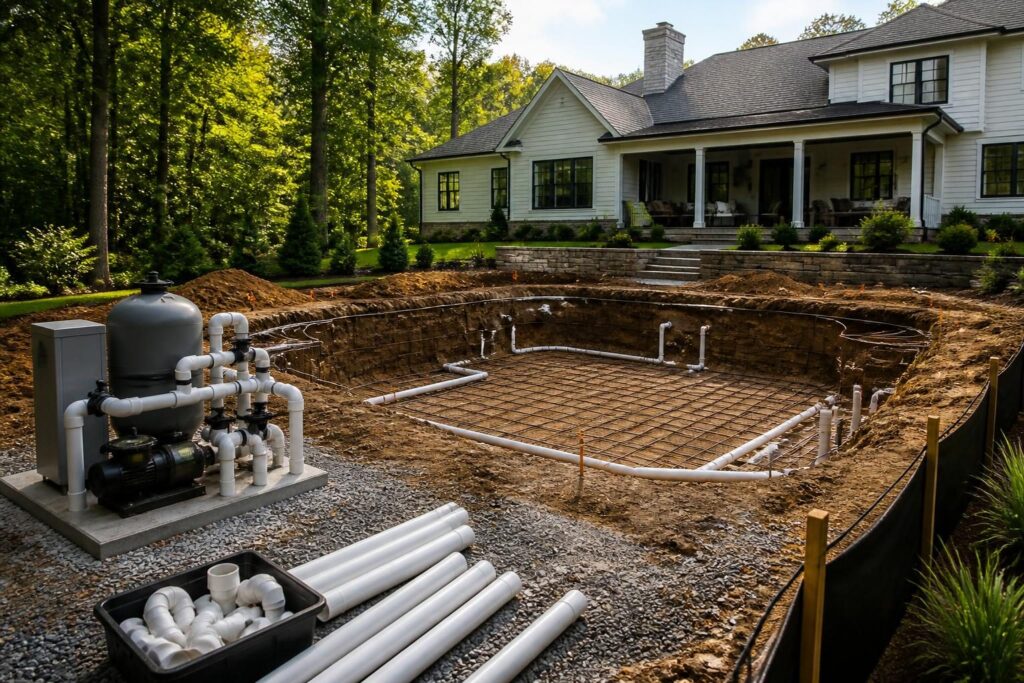Residential pool construction phases North Carolina checklist shown in a safe backyard construction scene