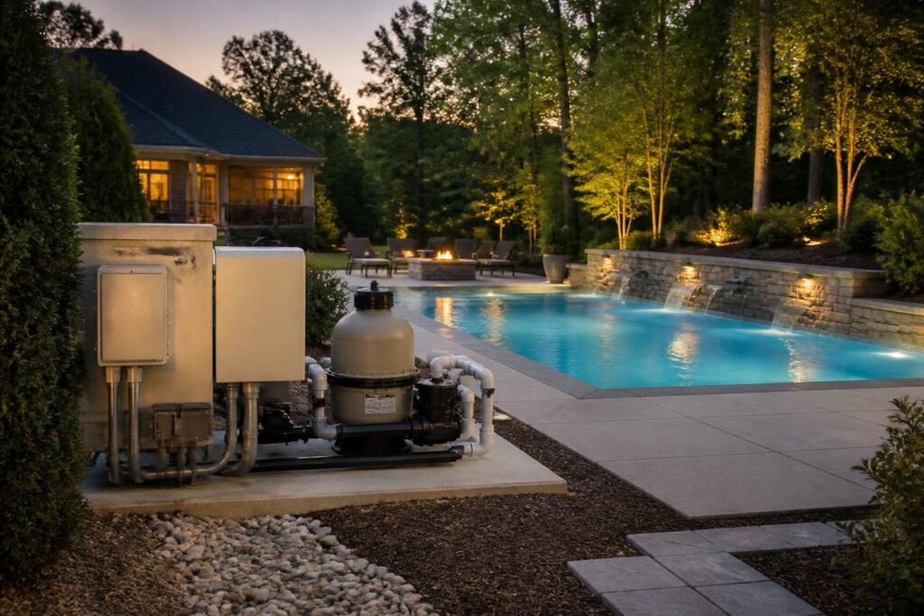 residential pool electrical bonding grounding review questions beside a safe, organized pool equipment area