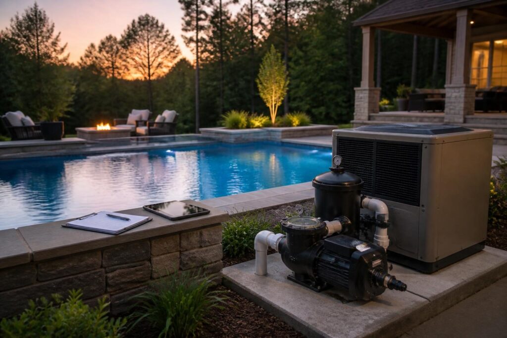 Residential pool equipment energy monitoring checklist shown with a North Carolina home pool equipment pad