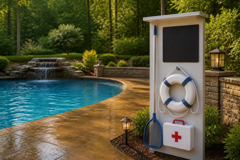 Residential pool safety signage emergency equipment checklist displayed beside a North Carolina backyard pool