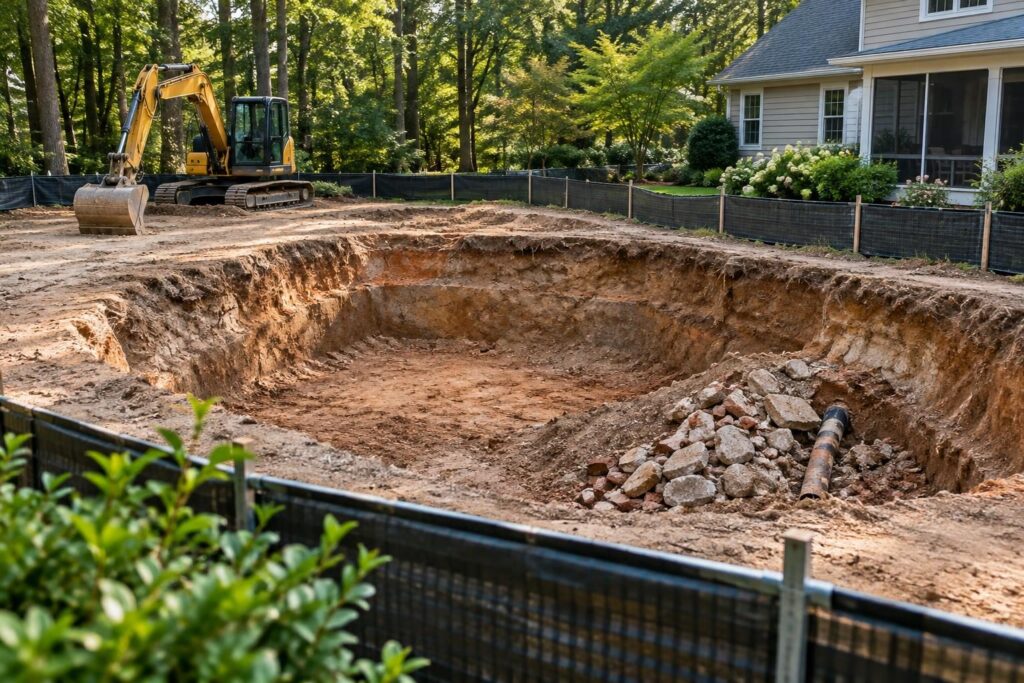 Secured North Carolina backyard work area with buried debris during pool excavation and equipment paused away from the discovery.