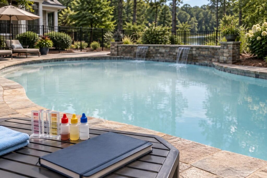 Water-testing kit beside cloudy pool water with a chlorine reading in a North Carolina backyard
