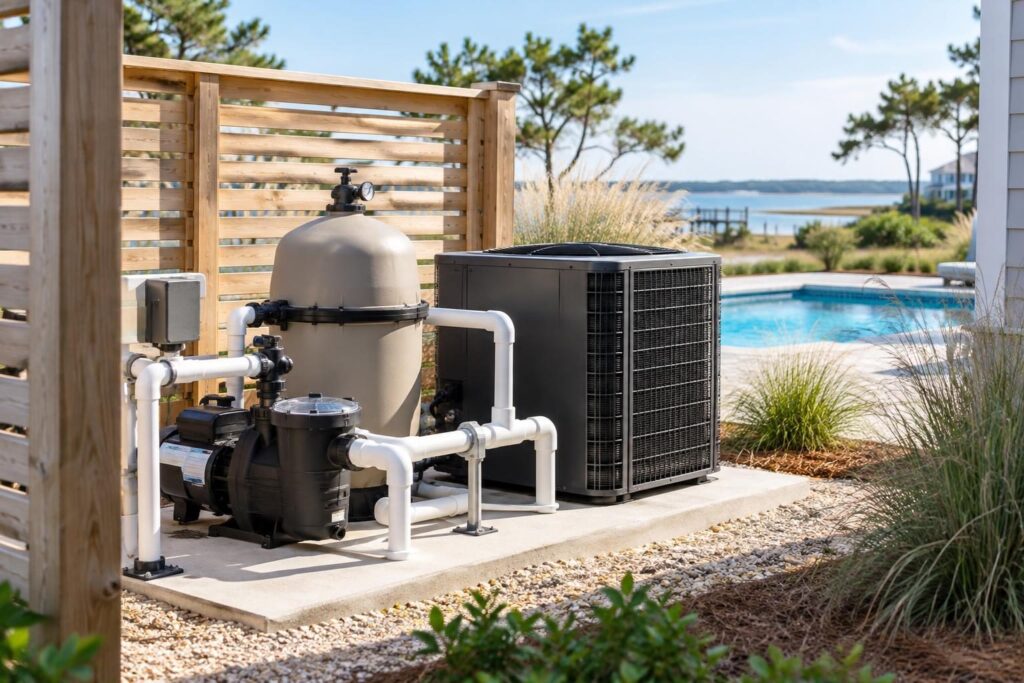 Sheltered, ventilated equipment area illustrating coastal North Carolina pool equipment corrosion prevention.