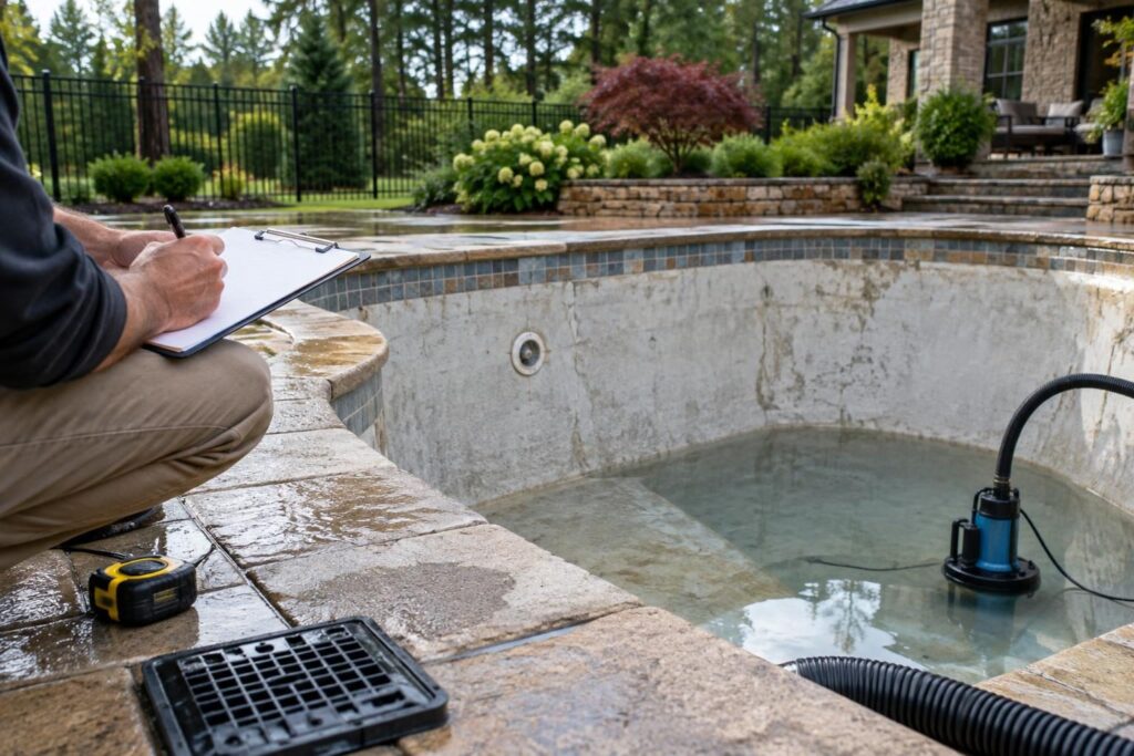 Draining pool for repairs North Carolina risks reviewed beside a residential pool