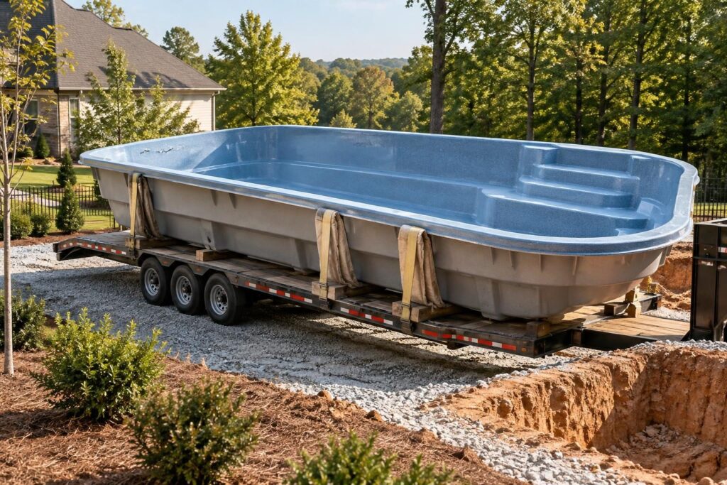 Stationary shell and visible shipping supports for a fiberglass pool delivery condition checklist before installation.