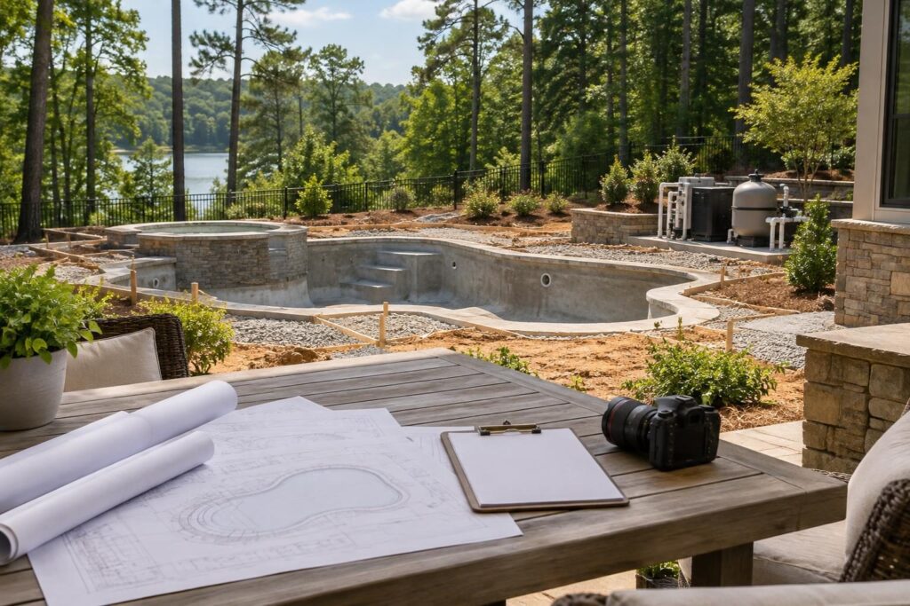 Project drawings and an unfinished backyard pool prepared for review by an independent pool construction consultant.