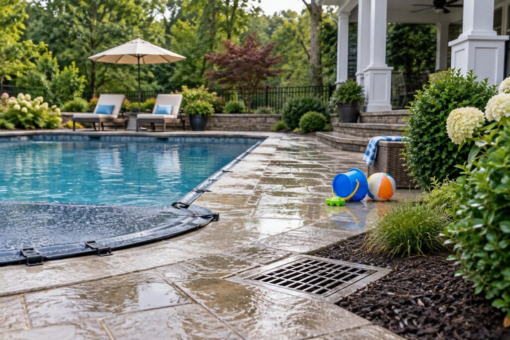 Mosquito prevention around North Carolina swimming pools with a clean cover edge, inspected drain, and tidy backyard