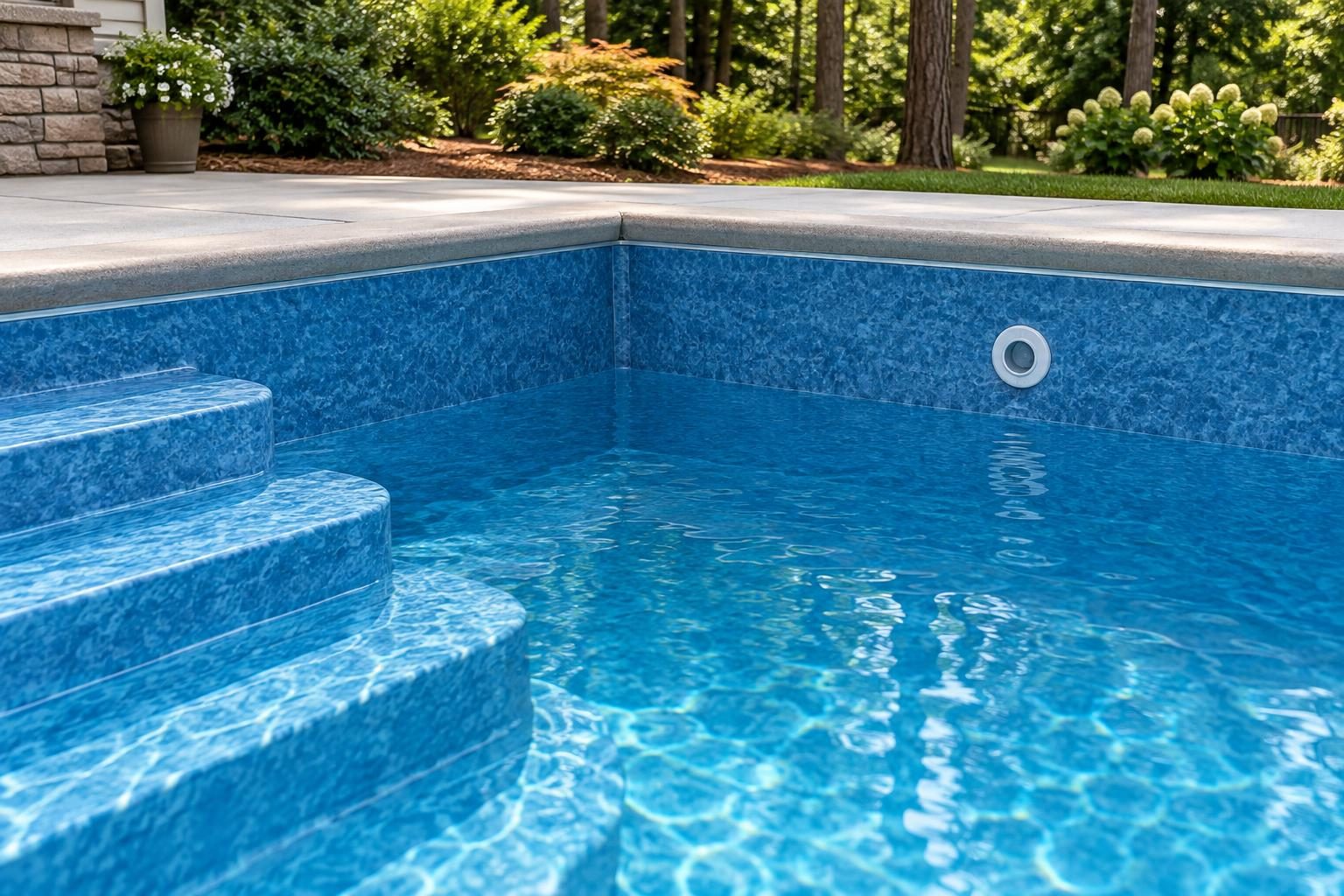 Corners, covered steps, and a wall fitting viewed during new vinyl pool liner installation acceptance