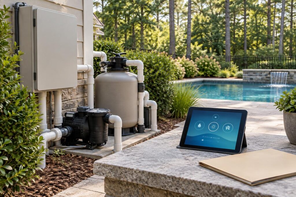 Tablet beside residential pool controls for a pool automation account ownership transfer checklist