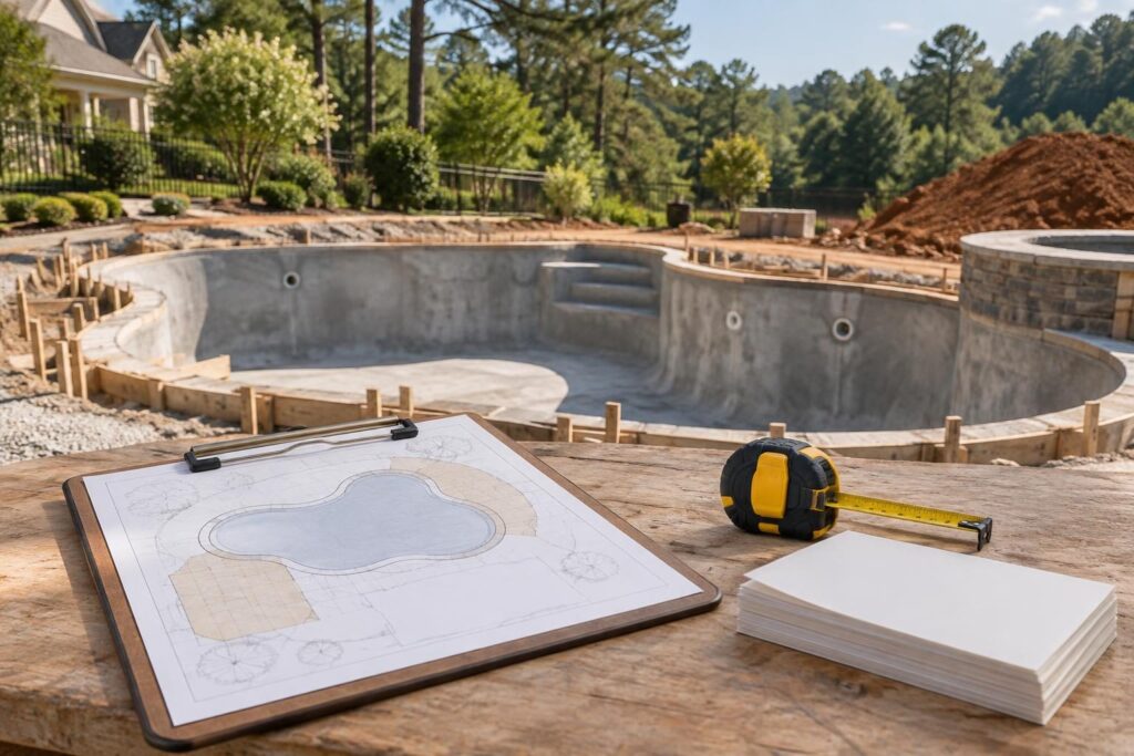 Documents and measuring tape for pool change order quantity verification beside a residential pool deck under construction.