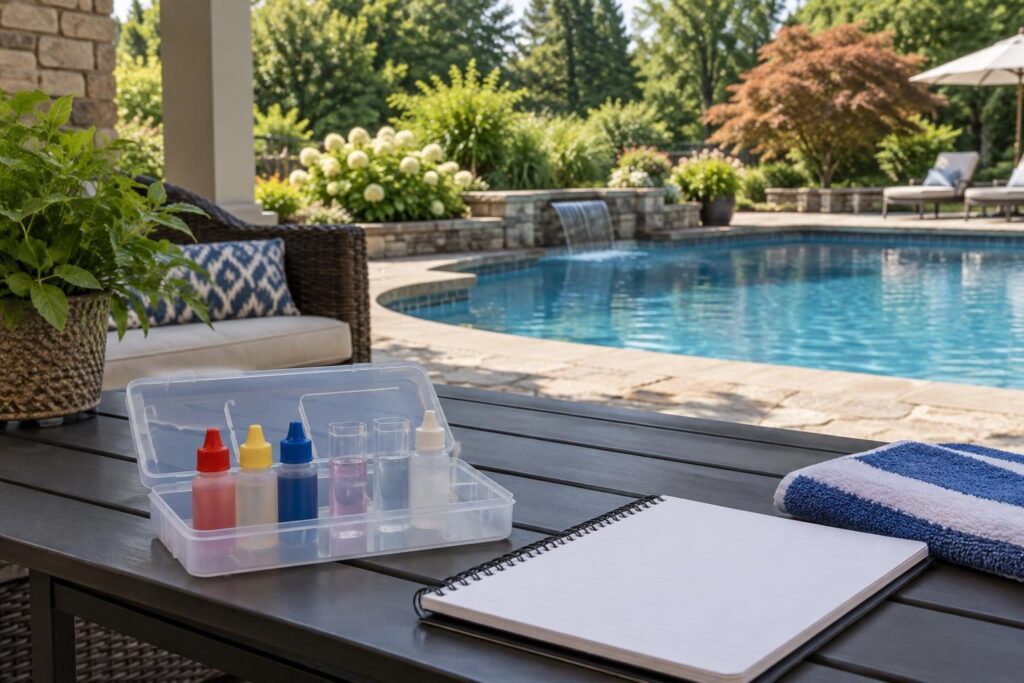 Water testing kit beside a North Carolina home pool for investigating pool chlorine odor