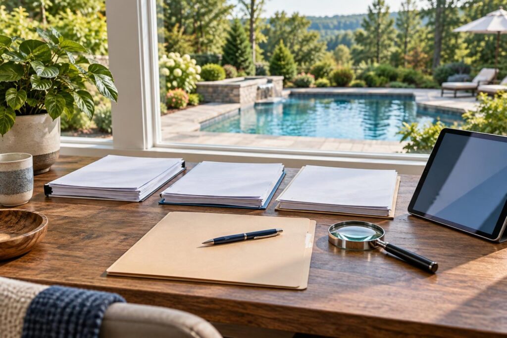 Documents arranged for pool contractor business name verification before signing, with a residential pool visible through a window.