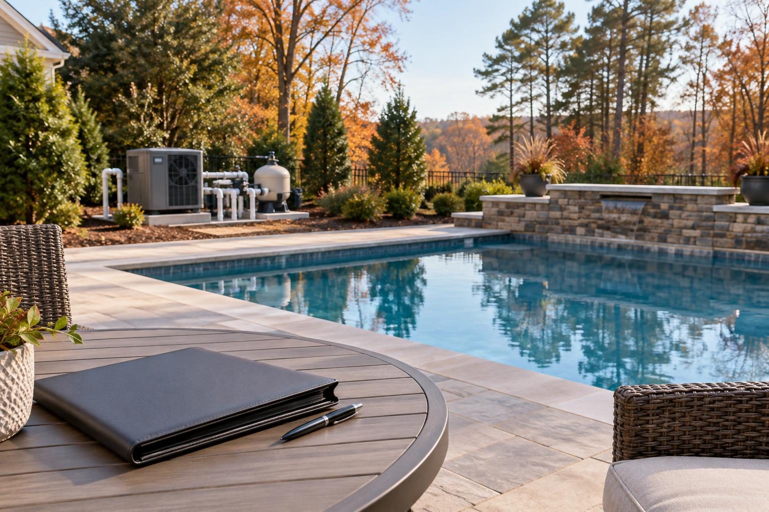 North Carolina backyard pool and equipment awaiting checks documented in a pool deferred seasonal testing closeout agreement.