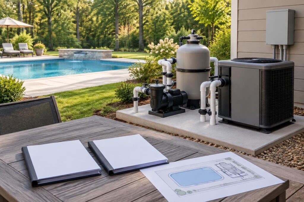Residential equipment pad and comparison documents for a pool equipment substitution approval checklist