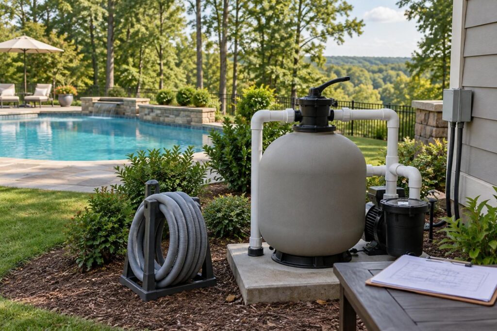 Equipment pad and stored hose for planning pool filter backwash disposal in North Carolina.