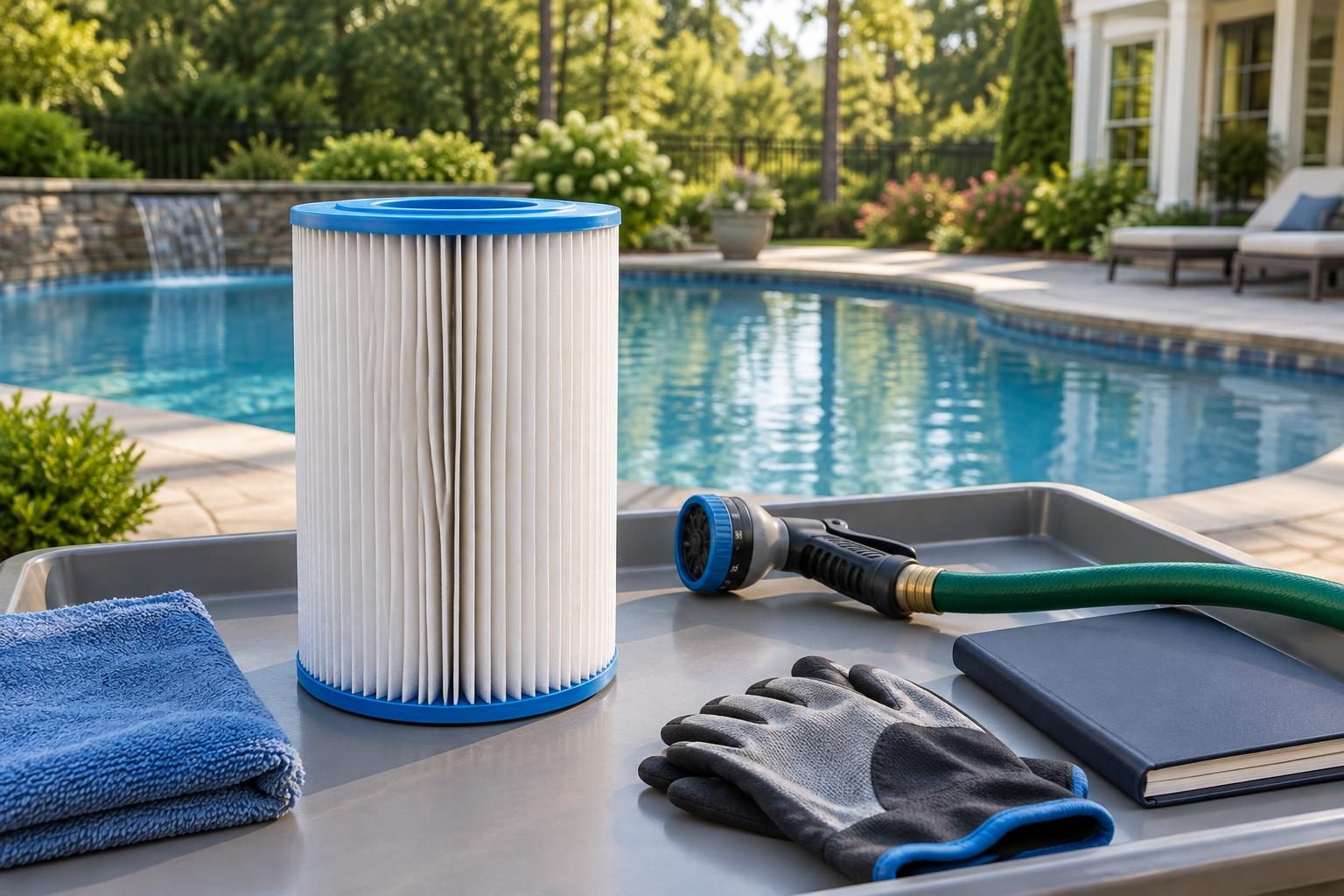Intact pleated cartridge on a clean tray prepared for gentle pool filter cartridge cleaning in a North Carolina backyard.