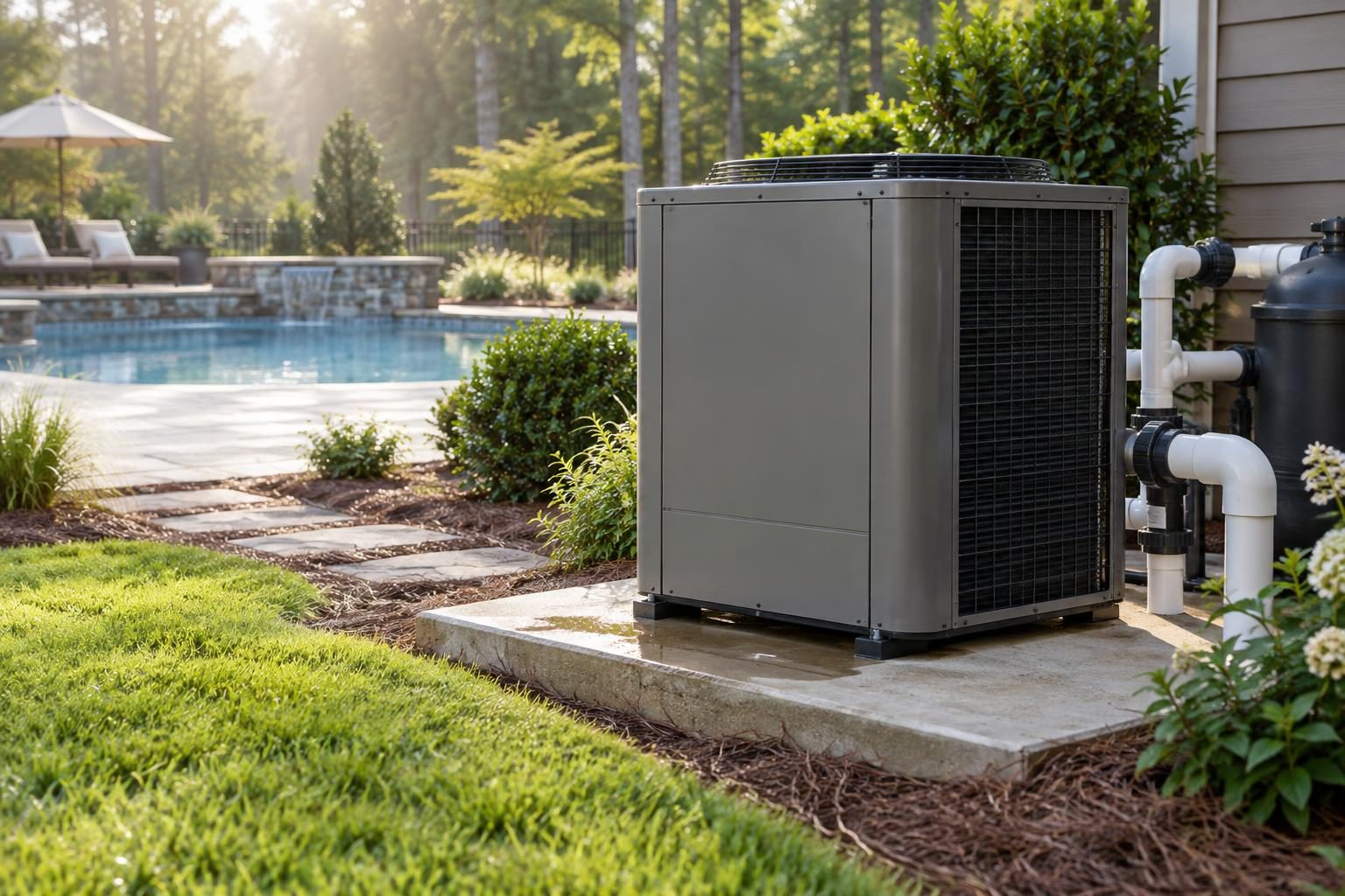Closed outdoor equipment cabinet and wet pad illustrating pool heat pump condensation versus leak observations in North Carolina.