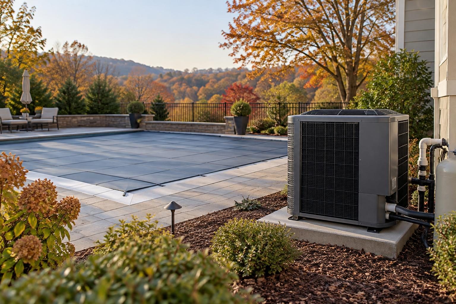 Residential pool and heat pump illustrating pool heat pump performance considerations in cool North Carolina weather.