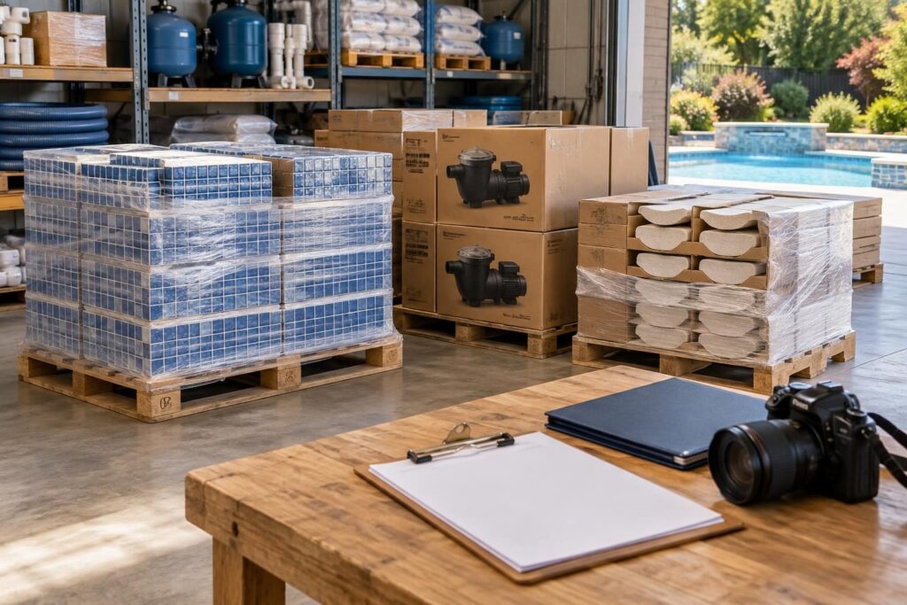 Stored pool equipment and tile beside project records for pool offsite material payment verification