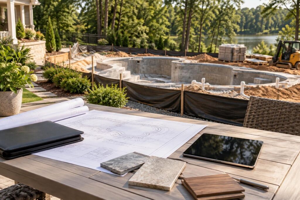 Planning documents and material samples illustrating pool project extra work approval authority at a North Carolina backyard construction site.