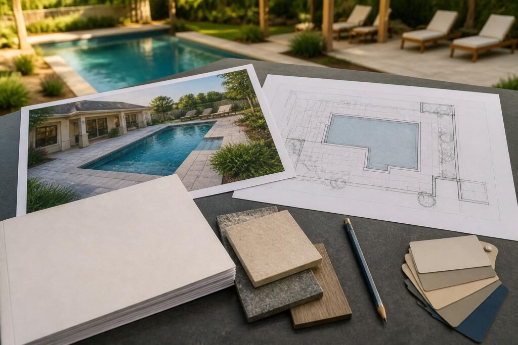 Documents arranged to review pool rendering proposal discrepancies before signing, with a backyard illustration, pool plan, and material samples.