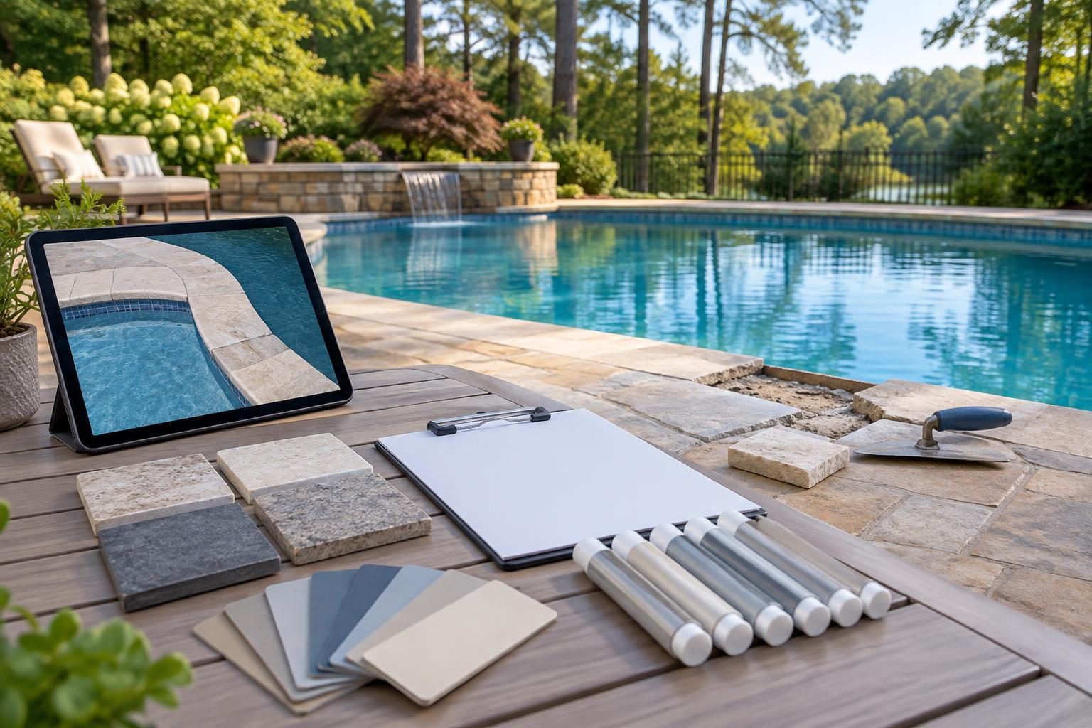 Materials and planning documents beside a North Carolina backyard pool for a pool repair proposal scope review.