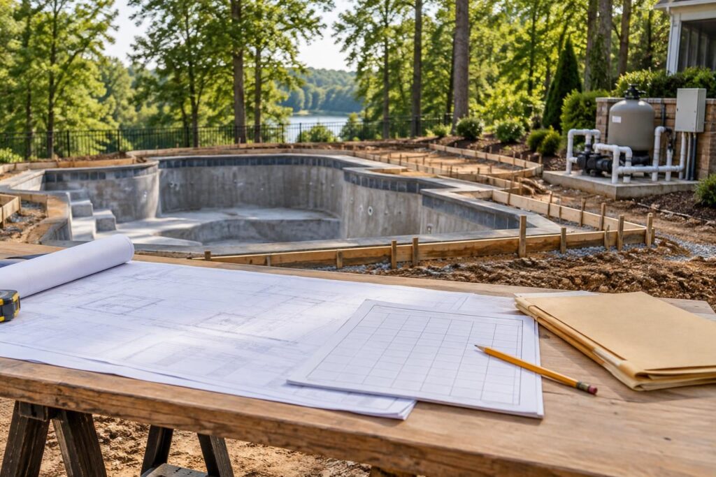 Planning documents for a pool subcontractor responsibility matrix beside a North Carolina residential pool construction site