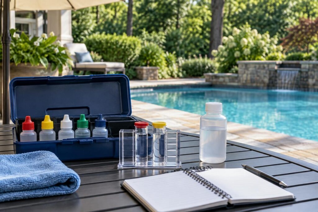 Shaded patio station prepared for pool test kit accuracy checks, with reagent bottles and clean sample cells beside a backyard pool.