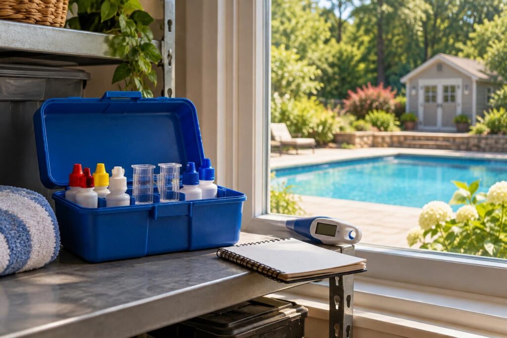 Protected indoor test kit storage to help prevent pool test reagent heat damage during a North Carolina summer.