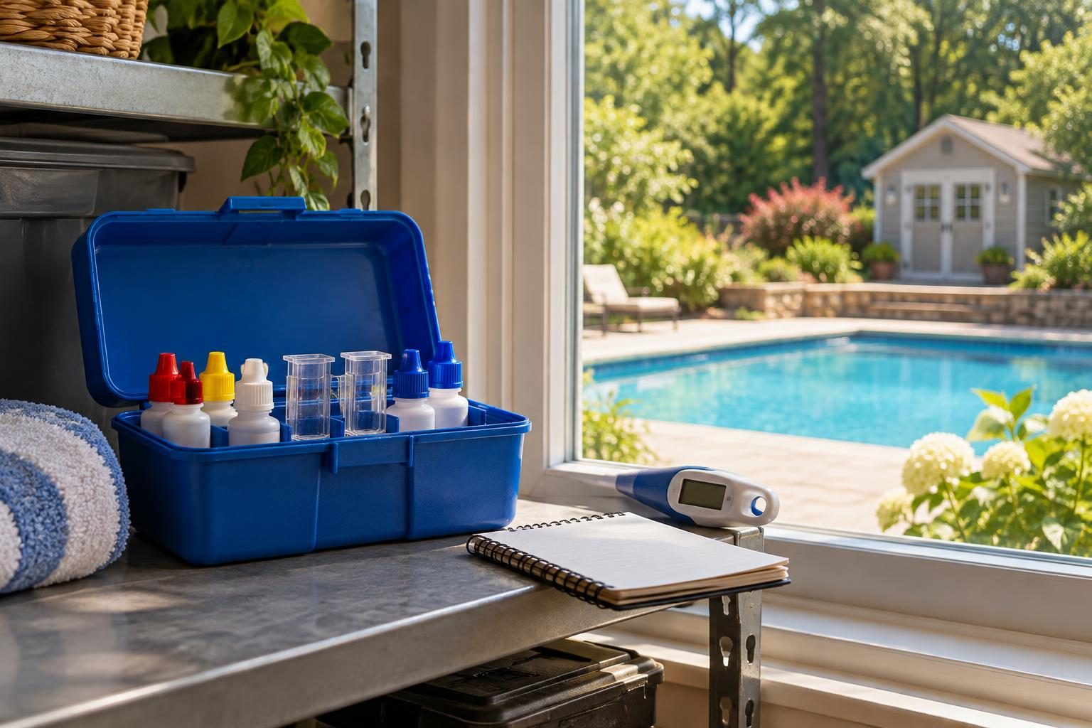 Protected indoor test kit storage to help prevent pool test reagent heat damage during a North Carolina summer.