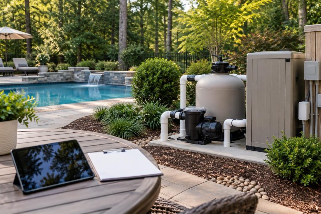 Organized service records beside residential pool equipment for pool warranty repair completion verification.