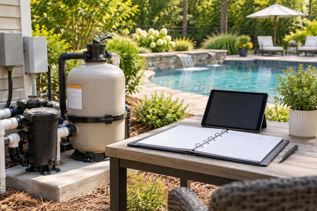 Organized equipment records beside a backyard pool pump for pool warranty start date registration verification.