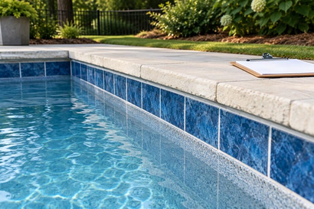 Blue pool tile and coping illustrating a pool waterline tile workmanship acceptance checklist in a North Carolina backyard.