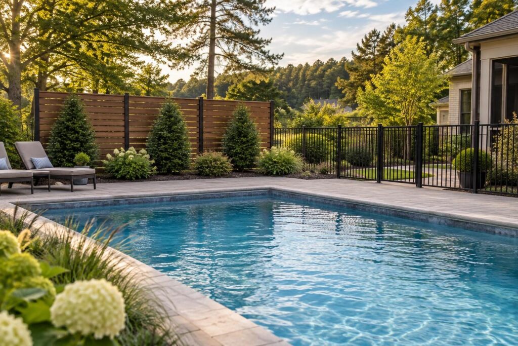 North Carolina backyard showing pool windbreak planning with shrubs, a slatted screen, and clear deck access.
