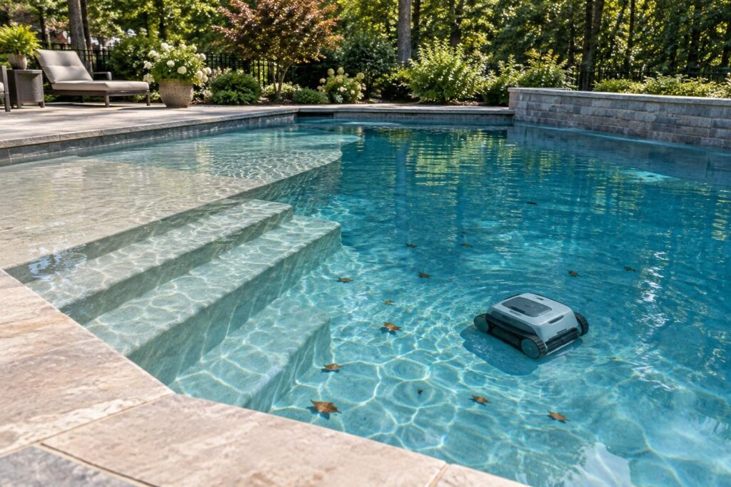 Pool robot on the main floor beside a shallow ledge, illustrating robotic pool cleaner compatibility with steps.