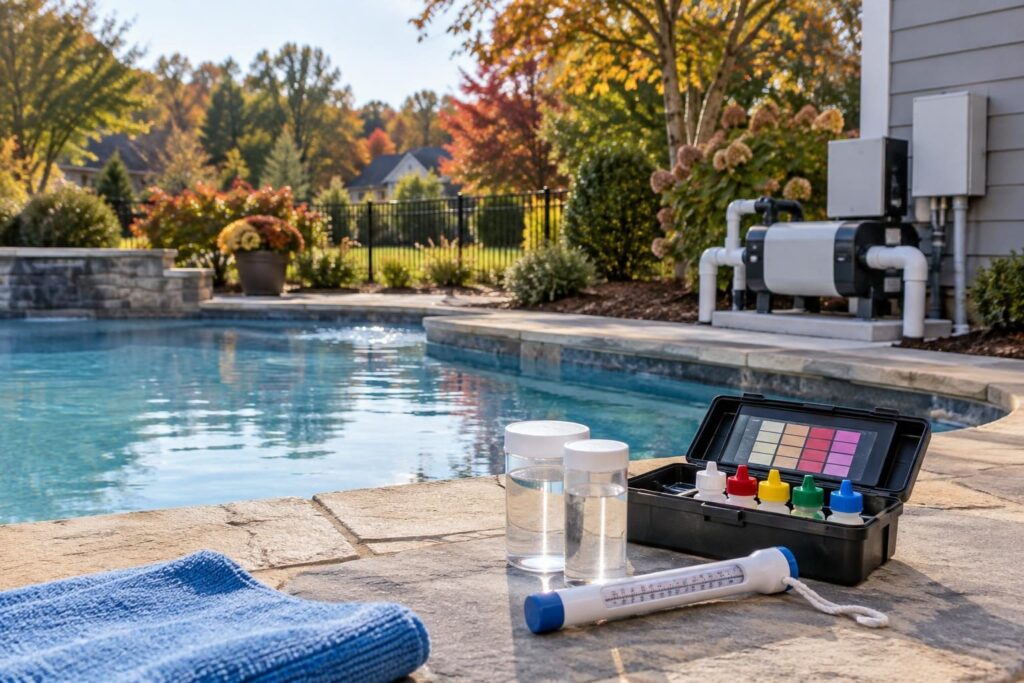 Pool testing kit and saltwater equipment illustrating salt cell cold water limits at a North Carolina residential pool.