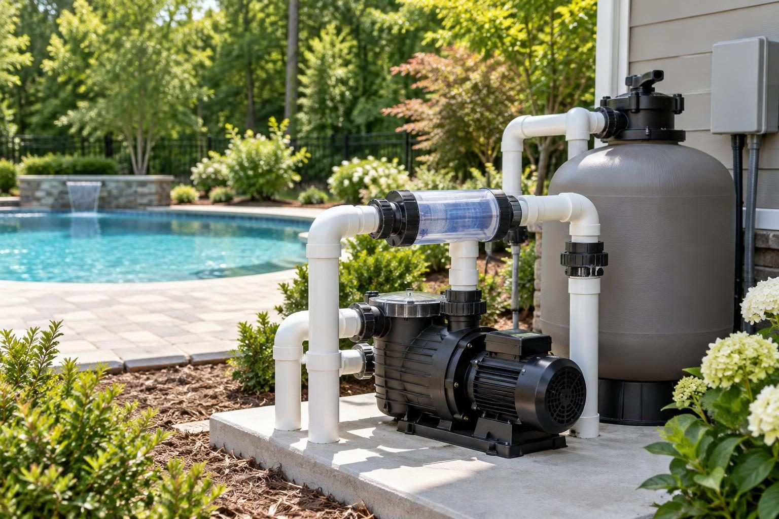 Residential pool equipment illustrating salt chlorine generator sizing beside a North Carolina backyard pool