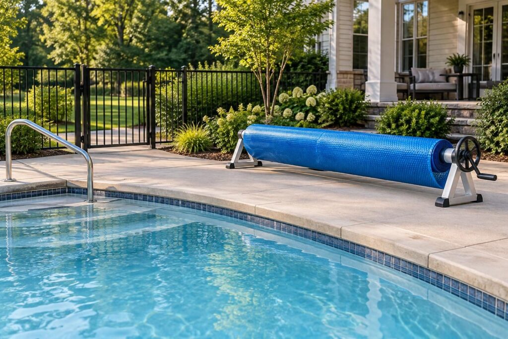 Residential backyard showing solar pool blanket reel placement planning with a parked reel, clear walking routes, and unobstructed pool gate.