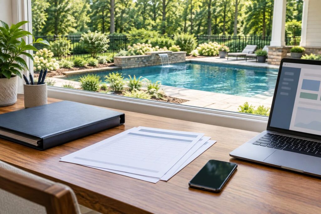 Organized homeowner desk with phone and project records to verify pool contractor payment instructions before sending money.