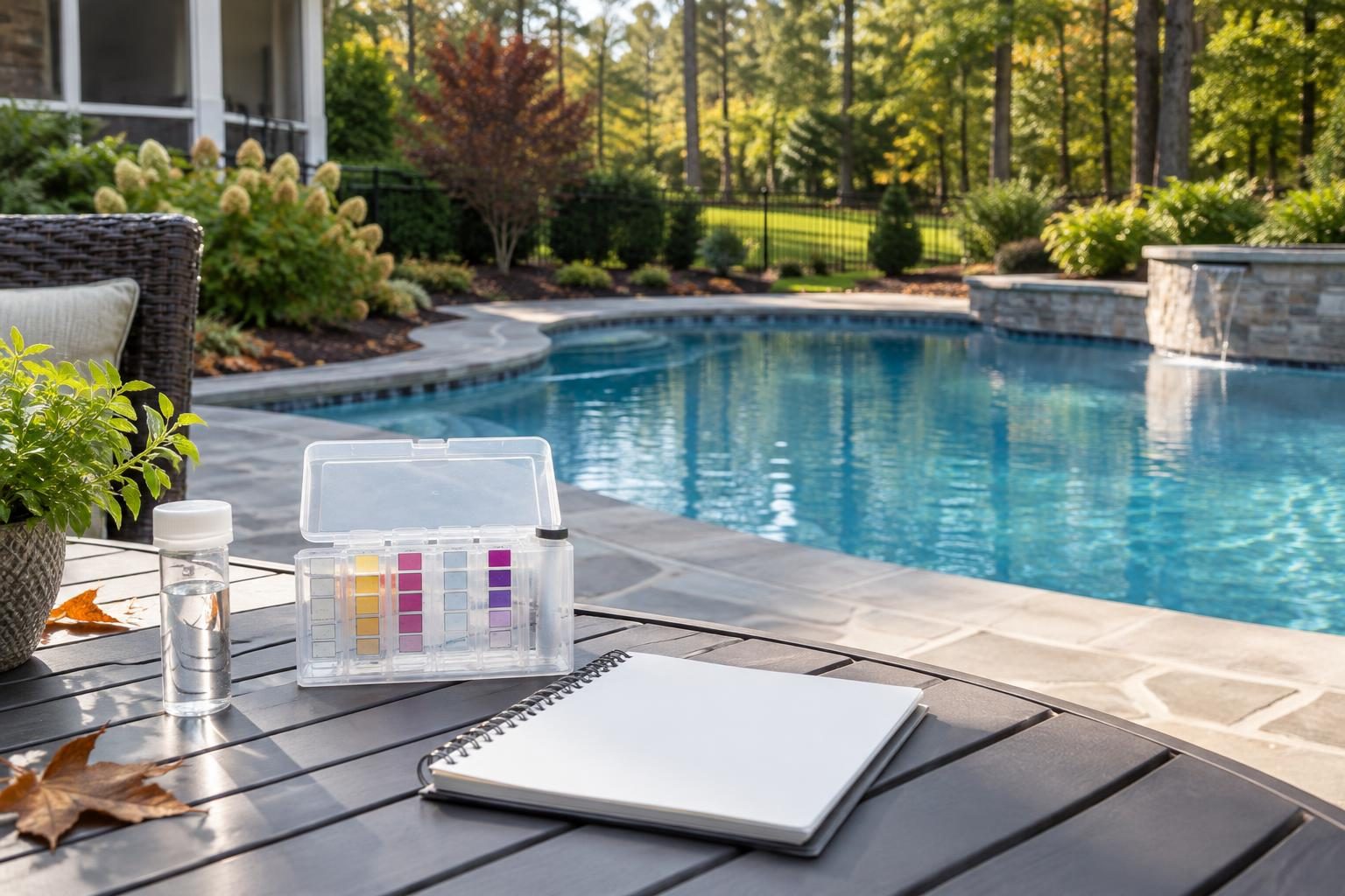 Pool testing supplies beside a North Carolina backyard pool illustrate how to assess when pool phosphate remover is needed.