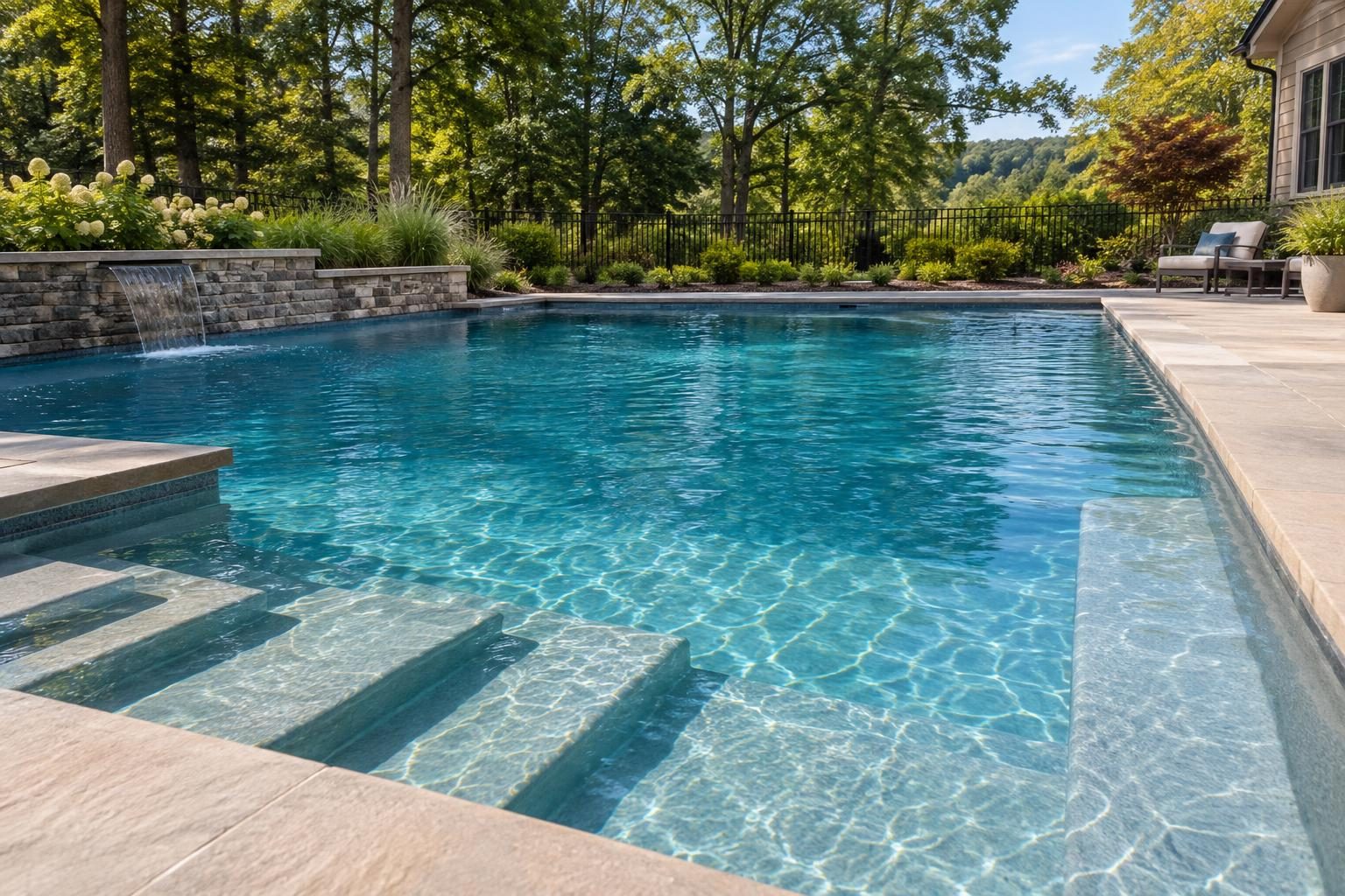 Residential pool with shallow steps and an underwater bench illustrating backyard pool diving risk.